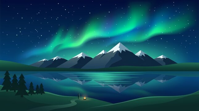 Camper standing by a cozy campfire under a vibrant green aurora borealis reflecting in a quiet mountain lake in flat vector illustration.
