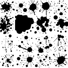 Fototapeta premium Ink splatter patterns set with a 4x4 grid of black ink splatters on white background, each varying in shape, size and density featuring dynamic, abstract, high-contrast with bold and vector