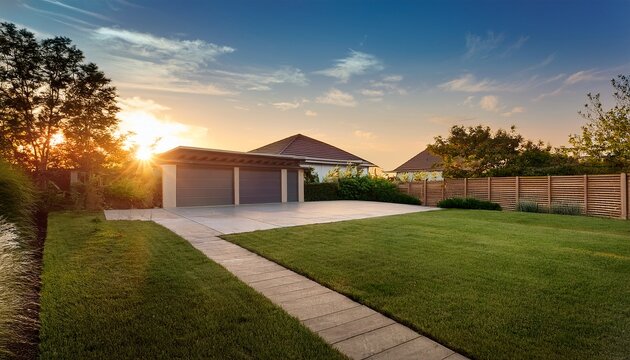 Empty Front Or Back Yard At The Sunset With Copy Space
