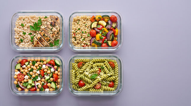 Healthy meal prep containers with balanced food. Nutritious lunch boxes for weekly diet.