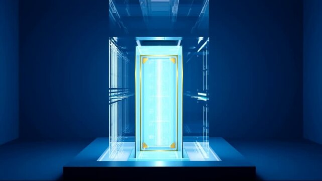 Futuristic glowing blue technology portal or high-tech server storage cabinet in a dark room with neon light effects and digital data concept