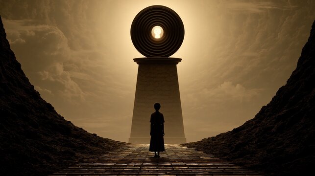 Surreal conceptual landscape with silhouetted person standing on cobblestone path facing giant circular gate with glowing keyhole shaped opening between rocky hills under warm golden sky