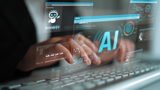 Futuristic Concept of Artificial Intelligence Integration with Human Interaction Through Digital Interface and Technology in Modern Workspace Environment Sigmoid