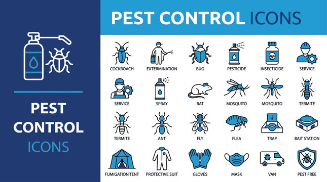 Professional set of editable thin line icons for pest control and insect extermination services featuring chemical pesticide spray bug traps repellent and sanitation hygiene equipment.