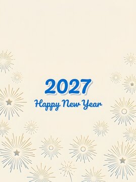 Minimalist vertical poster template featuring blue 2027 Happy New Year typography surrounded by delicate fireworks and snowflake line art on an off-white cream background.