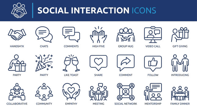 Comprehensive Collection of Social Interaction Line Icons Featuring Communication Symbols People Networking Teamwork Community Dialogue and Relationship Vector Illustration with Editable Stroke.