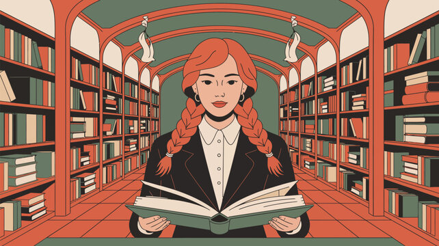 Librarian holding an open book stands in the center of an old library with long shelves filled with numerous colorful books while reading carefully inside the quiet, peaceful study area for students.