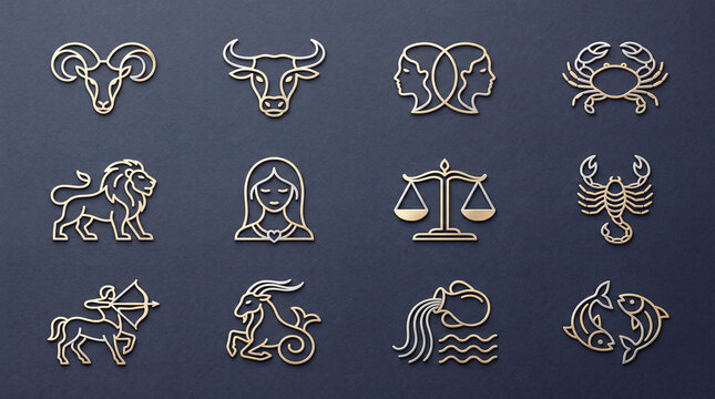 Set of twelve zodiac signs icons designed in elegant golden line art style on a dark textured background, astrology and horoscope concept