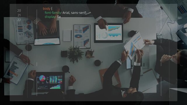 A dynamic workspace showcasing a team engaged in software development, with coding snippets and project charts reflecting collaborative efforts in task management. Raster
