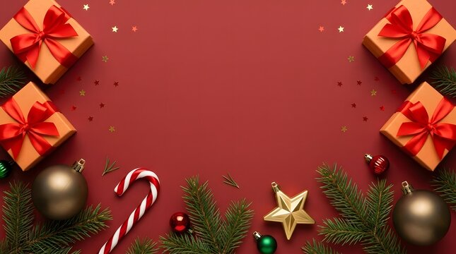 Overhead view of a red background bordered with red present boxes, green pine sprigs, candy canes, gold stars, and dark baubles suitable for holiday banner design.