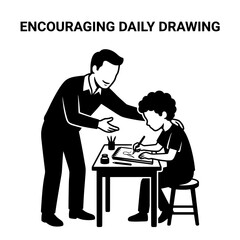 Fototapeta premium Father assisting son with drawing at a small table encouraging creativity.