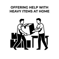 Fototapeta premium Two individuals assisting with lifting and carrying a heavy cardboard box together.
