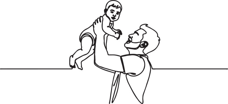Man holding baby high above head continuous line art sketch with parenting childcare illustration minimalist continuous monochrome fatherhood happiness nurturing affection vertical
