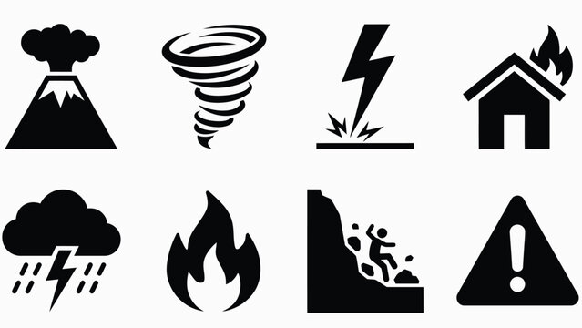 Natural disaster emergency icon set featuring volcano tornado lightning house fire storm wildfire landslide and caution warning triangle vector