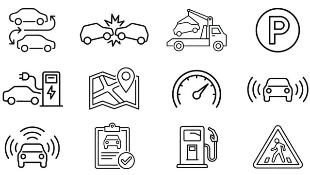 Car service and transportation line icon set featuring EV charging crash tow truck parking navigation speedometer and road safety vector