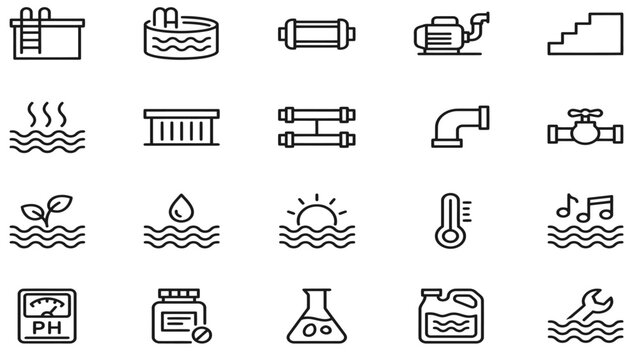 Swimming pool and hot tub maintenance line icon set featuring filter pump pipes temperature pH level chemical treatment and repair