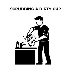 Naklejka premium Man Washing Dirty Cup in Kitchen Sink with Soap and Water.