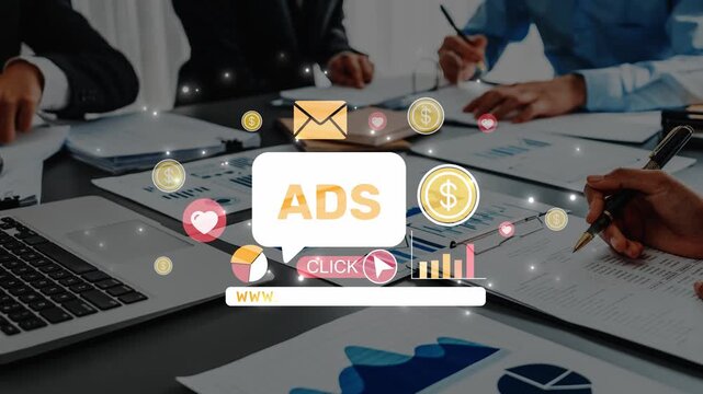 A group of business professionals collaborate on advertising strategies in a modern office. They use laptops and documents while analyzing data for effective marketing solutions. Raster
