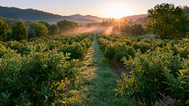 Lush Fruit Orchard Plantation with Sun Rising Over Hills and Long Tree Rows