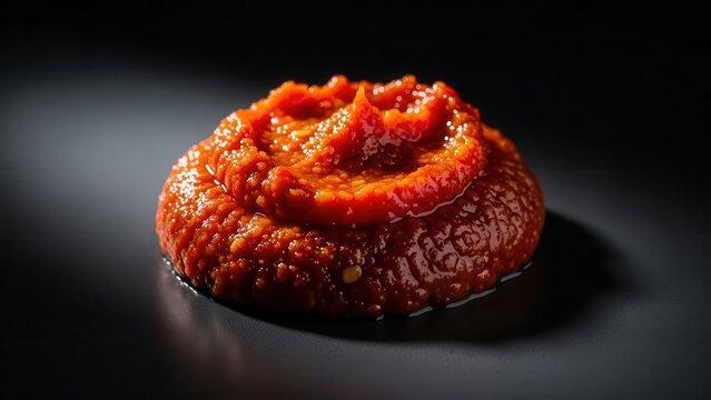 Close up of spicy red chili paste swirl on dark surface