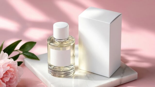 Clear glass perfume bottle with white cap and label next to a white box on a marble surface with a pink flower and soft sunlight shadows