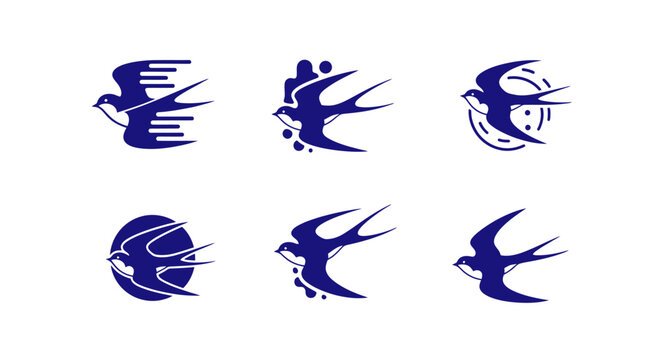 Set of six abstract swallow icons with a modern, minimalist design in dark blue
