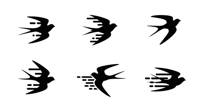 Set of Minimalist Flying Swallow Bird Silhouette Icons with Motion Speed Lines