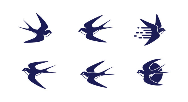 Set of blue swallow bird silhouette icons in flight