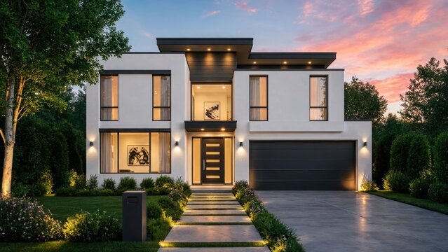 Exterior view of a two-story residential house with white walls, dark trim, concrete driveway, and illuminated windows at sunset hour