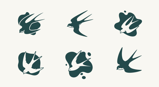 Set of Minimalist Swallow Bird Icons in Flight for Modern Branding and Nature Inspired Graphic Design Projects