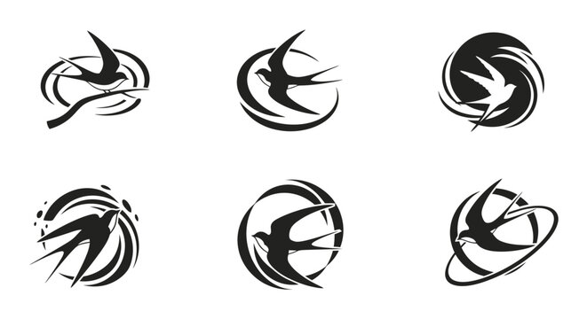 Stylized swallow bird icons in flight with circle element designs