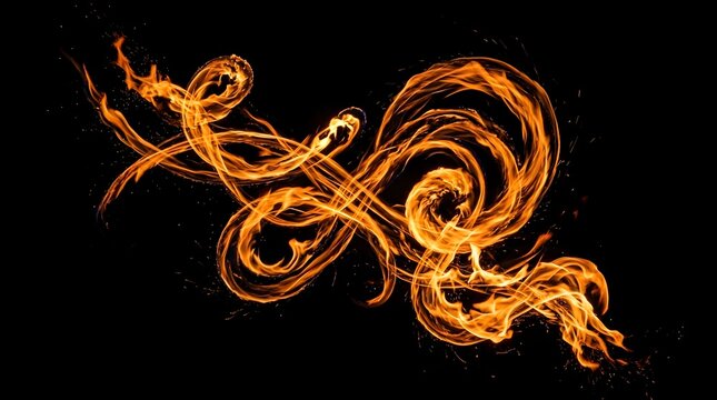 Dynamic Abstract Fire Swirls with Sparks on Black Background