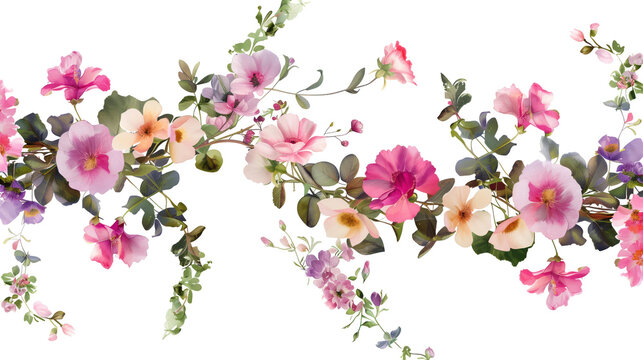 Pink and Purple Cherry Blossom Branches with Green Leaves Isolated on Transparent Background