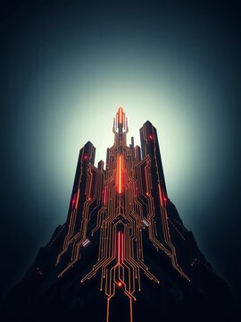 Angular, circuit-inspired glyphs ascend from a luminous void, embodying digital evolution's trajectory,  technology,  network