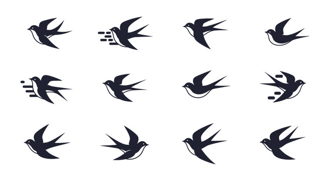 Set of swallow icons representing flight and speed in various artistic styles