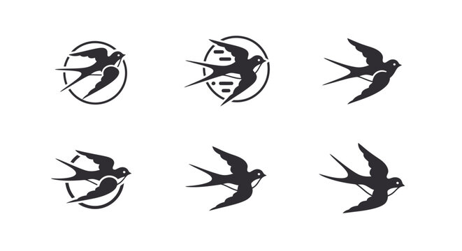 Set of stylized swallow bird logos and icons in various dynamic flight poses, perfect for branding, nature-related designs, and graphic elements