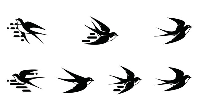Set of black flying swallow bird silhouettes and icons