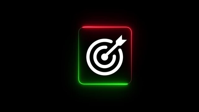 Neon Target Goal Achievement Icon with Arrow Hitting Bullseye on Black Background 4K Animation....