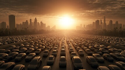 Obraz premium Majestic Urban Sunset Overwhelmed by Traffic Jam and Silhouetted Cityscape in the Background with Dramatic Cloud Cover and Warm Tones