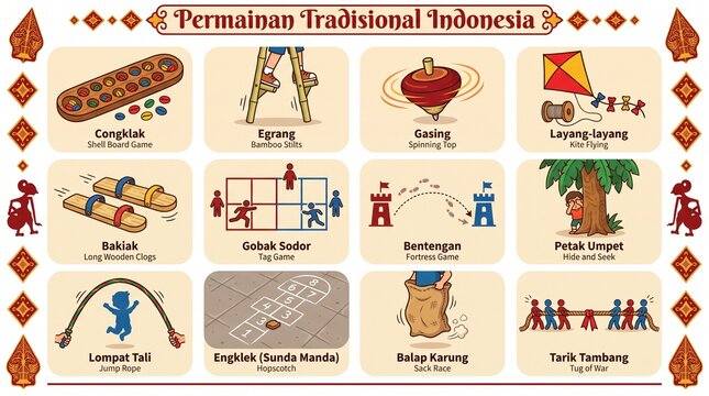 Traditional Indonesian Children Games Flat Vector Icon Set Congklak Egrang Gasing Layang Bakiak Gobak Sodor Isolated White Background Cultural Heritage Illustration