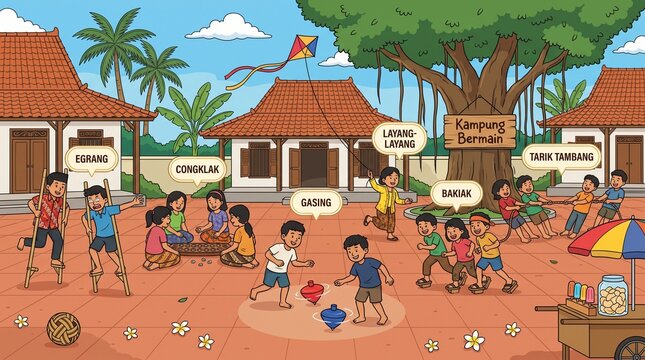 Traditional Indonesian Games Scene &mdash; Diverse Children Playing Egrang Congklak Layang-layang and Gasing in Village Courtyard Flat Vector Illustration Cultural