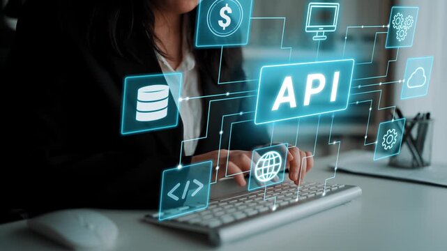 Business professional working on a laptop with API connection visuals and digital interface elements on the screen highlighting data sharing and technology integration. Entropy.