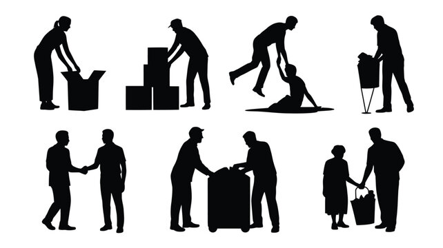 People Moving Boxes Silhouette Collection Vector Illustration Help Manual Labour Logistics Set