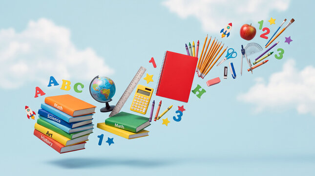 Floating school supplies and books with educational icons against a bright blue sky background