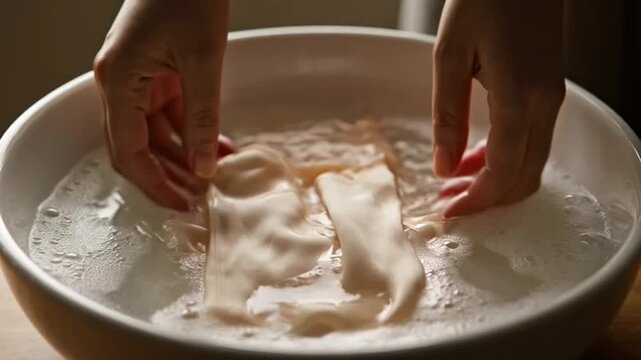 Hands washing delicate fabric in a bowl of soapy water.