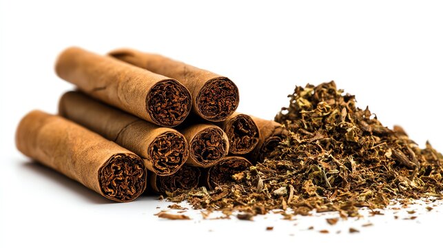 Freshly rolled cigars with tobacco leaves