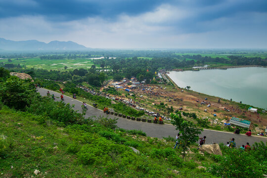Monsoon view of Ajodhya Hills and green agricultural field , rural village , Purulia, West Bengal, India. Purulia is travel destination for it's natural beauty and lush green scenery in rainy season.