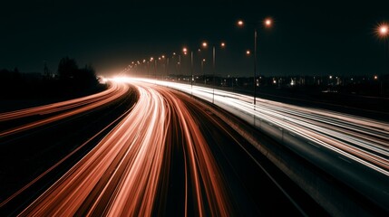 Obraz premium Long exposure light trails from moving vehicles on a highway under a dark night sky with glowing streetlights illuminating the road