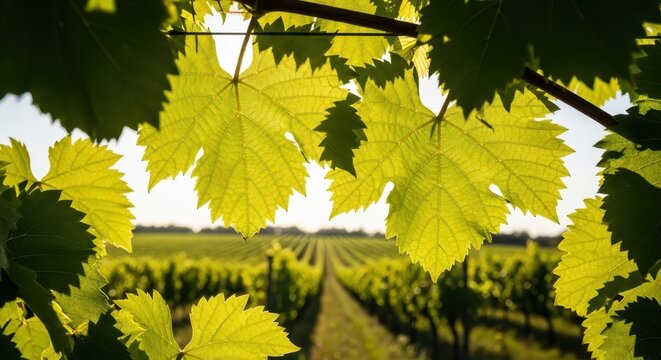 Vineyard landscape with lush grape leaves. Sunlit vineyard scene with vibrant foliage.