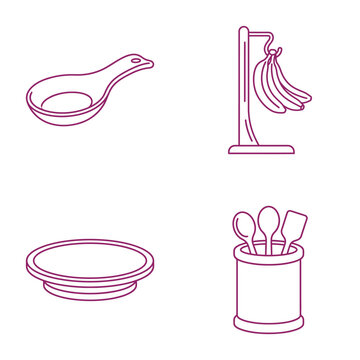 Kitchen Utensils Line Art Icons: Spoon, Banana Hanger, Plate, Utensil Holder